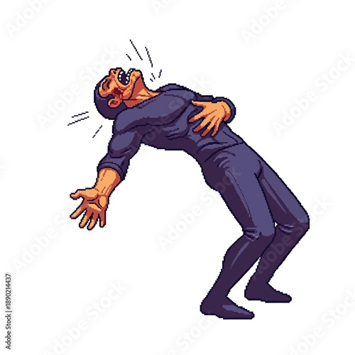 Pixel art illustration of a distressed person recoiling in pain or shock, with arms outstretched and mouth agape, conveying intense emotion and agony