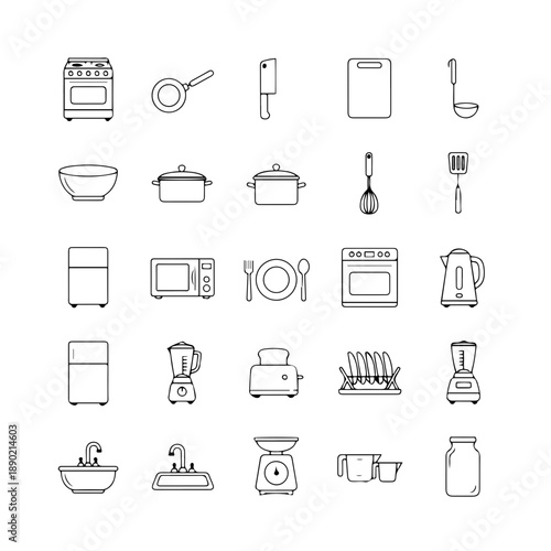 Modern Kitchen Vector Icon Set with Cooking, Utensils, and Home Appliance Symbols