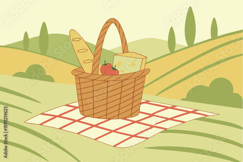 A wicker picnic basket filled with artisan cheese, bread, and tomatoes set on a checked blanket in a pastoral landscape.