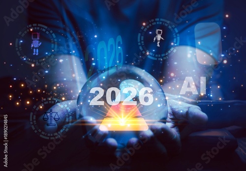 Wallpaper Mural A crystal ball displaying the year 2026, superimposed over a blurred people working with AI robot at night. This visual implies future predictions Torontodigital.ca