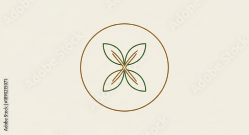 Minimalist floral logo with green leaves and brown outline on beige background for branding or design