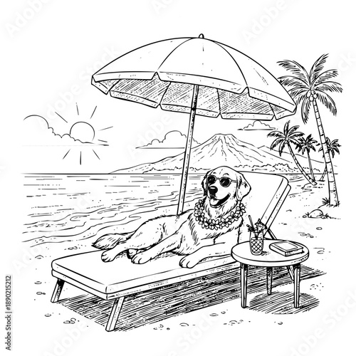 Happy dog in sunglasses lounging at tropical resort with cocktail and ocean view. Pet travel humor artwork for posters merchandise and wall prints