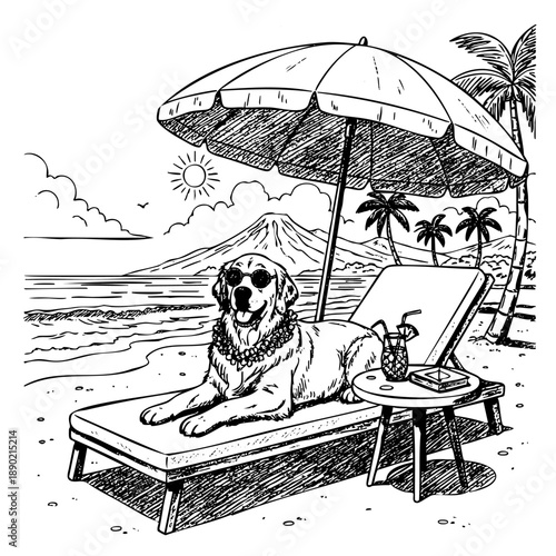 Smiling golden retriever with flower necklace and sunglasses at beach with drink. Summer pet humor illustration for relaxation books and merchandise