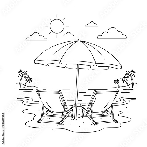 Two deck chairs facing ocean with islands and sun on white background. Romantic travel illustration for honeymoon cards and tourism marketing