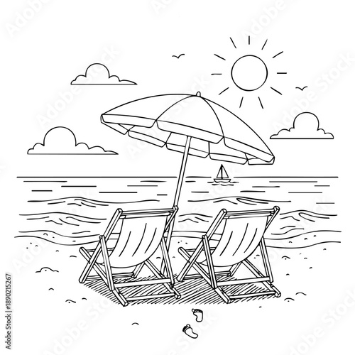 Minimalist sketch of paired deck chairs facing sea with sailboat on horizon. Vacation getaway illustration for travel invitations and wedding stationery