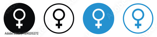Universal female gender symbol icons in four distinct circle styles. Suitable for healthcare, sociology, women's rights, demographic data, and diversity and inclusion materials.