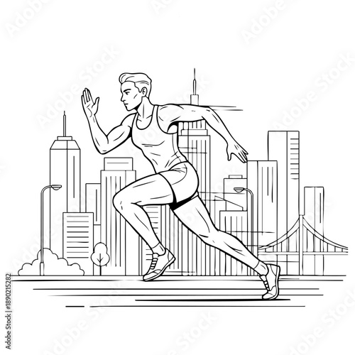 Athletic male sprinter in urban landscape with skyscrapers and suspension bridge. Running sports art for event posters merchandise and fitness apps