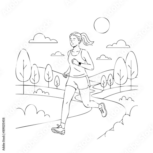 Fitness woman running on a path in a beautiful outdoor park with trees and hills. Black and white outline vector illustration for adult or children's coloring book and healthy lifestyle design.