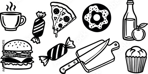 Black and white hand drawn coffee cup hamburger candy pizza slice donut cutting board and muffin vector icons collection