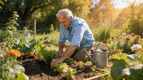 Elderly man gardening harvesting vegetable lettuce sunny backyard garden promoting longevity lifestyle tending vegetable bed with