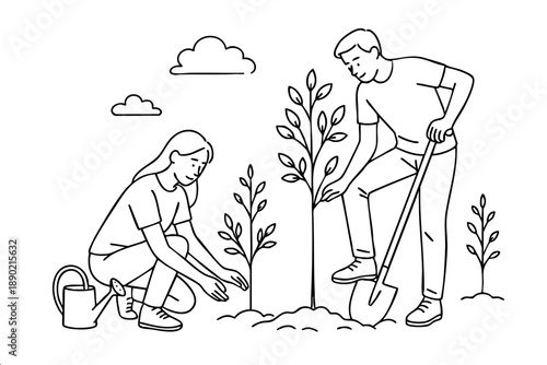 Woman kneeling with watering can while man stands with shovel near young trees. Development and patience concept for HR education and mentoring content