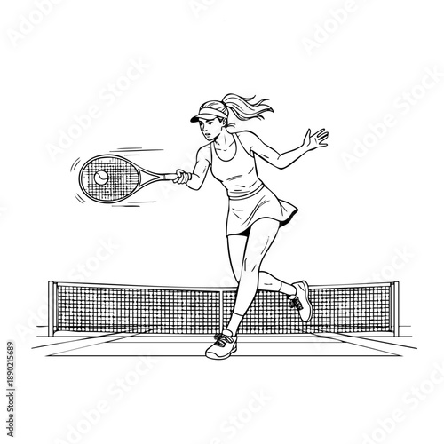 Woman athlete stretching for difficult shot near net on white background. Determination sports art for motivation posters and athletic performance content