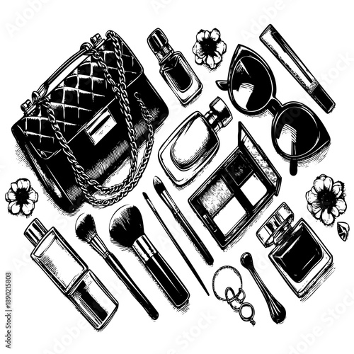 Designer bag perfume makeup sunglasses jewelry arrangement on white background. Premium beauty illustration for fashion magazines and glamour lifestyle content