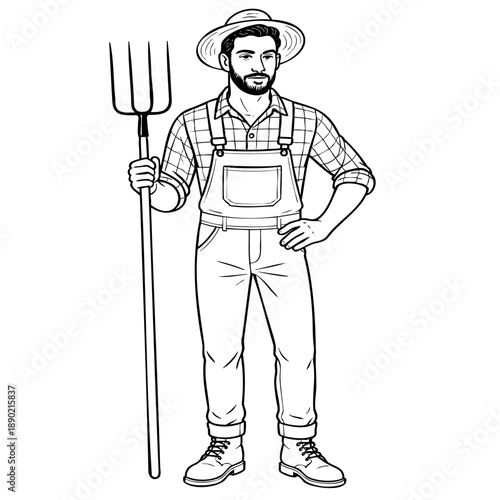 Bearded man in plaid shirt and work clothes holding farm tool on white background. Rural agriculture illustration for harvest festivals and organic food branding