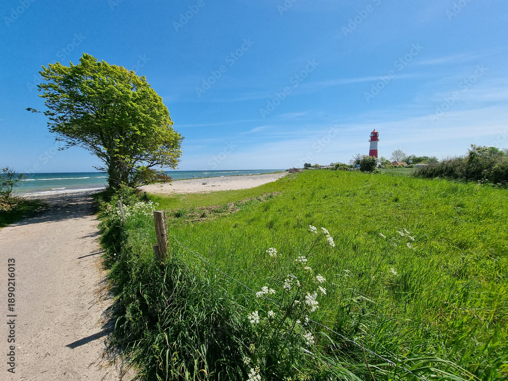 Fototapeta premium Lighthouse standing tall on green coastline under blue sky