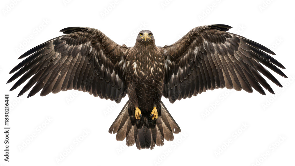 Fototapeta premium Large brown eagle with outstretched wings, front view, isolated PNG with Transparent Background