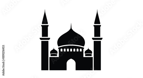 Silhouette of a grand mosque with minarets and a dome a powerful symbol of Islamic architecture and religious devotion rendered in a striking black and white design, Generative AI.