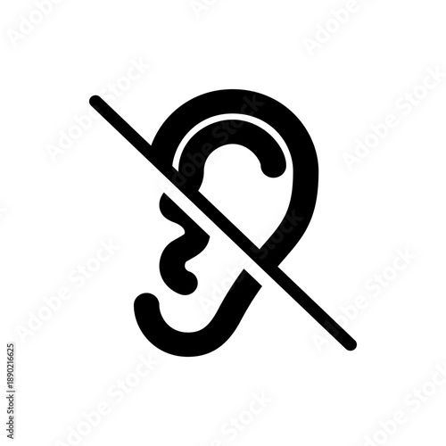 A vector graphic icon of a human ear with a diagonal line through it, symbolizing silence or hearing loss.
