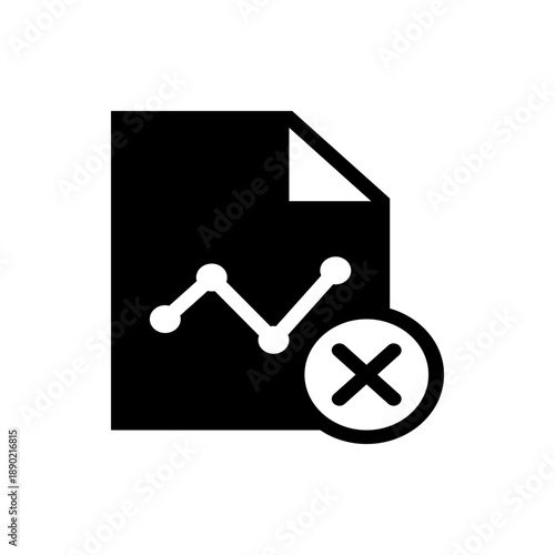 A black and white vector graphic icon of a document with a line graph and a cancel symbol