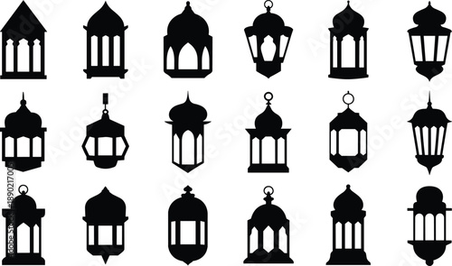 Islamic lantern icons set, Ramadan Eid decorative hanging lamps silhouette collection for religious festival design vector illustration art elements symbols