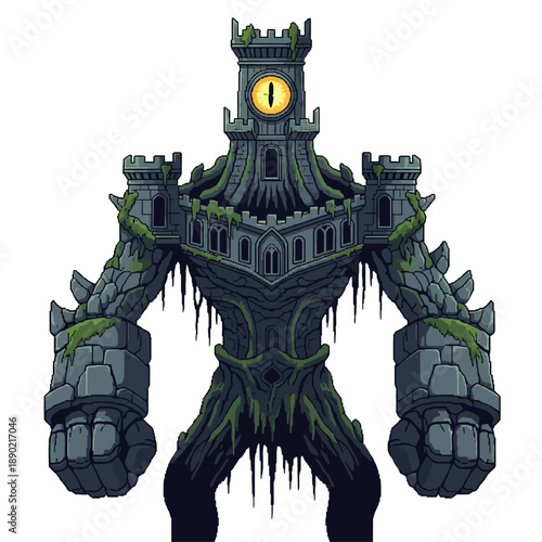 A formidable pixel art stone tower golem, overgrown with moss and featuring a singular clock eye, standing powerfully as an ancient fantasy guardian amidst a mysterious landscape