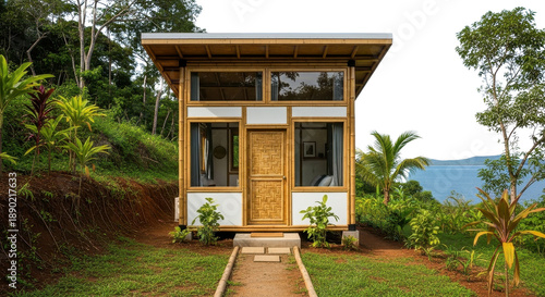 Small wooden tiny house with white siding and large windows on a green hillside, sustainable living architecture isolated PNG with Transparent Background