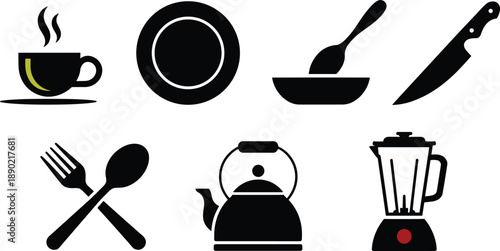 Kitchen utensil icons set, black silhouette cookware, cutlery and appliances, minimal flat vector design for cooking concepts restaurant food preparation