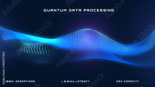 Blue abstract background particle wave flow with artificial intelligence quantum data processing, Futuristic technology banner with glowing digital dot curve pattern, Vector illustration.