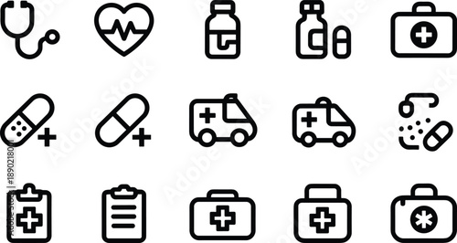 Medical healthcare icons set, hospital emergency medicine symbols including ambulance first aid heart pills kit line vector illustration