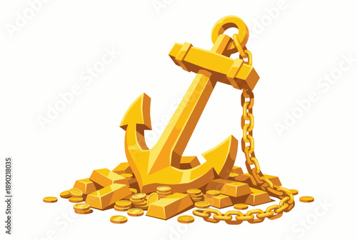 Golden anchor resting on pile of gold treasure vector illustration