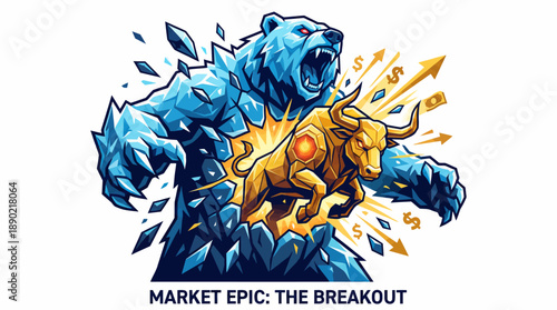 Golden bull bursting through ice bear market vector illustration