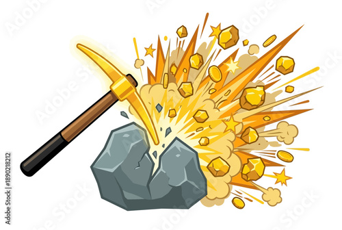 Golden pickaxe striking rock to reveal treasure vector illustration