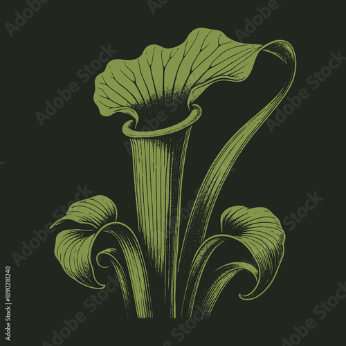 Detailed Pitcher Plant Illustration on Dark Background: Botanical Art.
