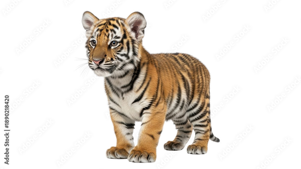 Obraz premium Cute Bengal tiger cub with orange and black stripes, standing and looking left, isolated PNG with Transparent Background