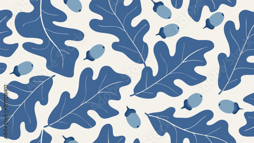 Blue oak leaves and acorns pattern on white background