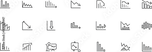 Minimal analytics and business chart line icons set, data visualization, statistics, finance growth, decline, performance graph symbols collection