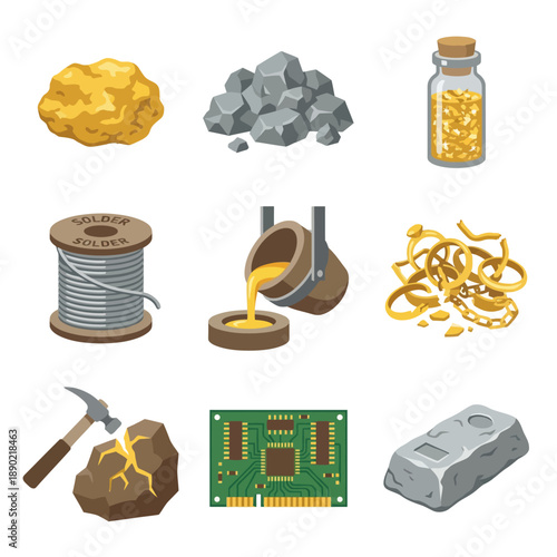 Metallurgy and precious metal processing icons vector illustration
