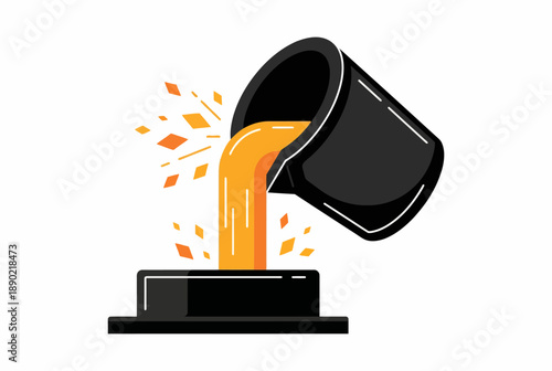 Molten gold pouring from industrial crucible vector illustration