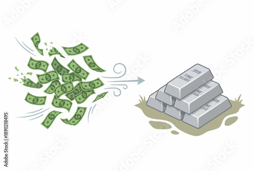 Money blowing away and converting to silver bars vector illustration