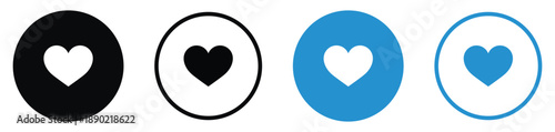 Set of four heart icons in black and blue circular styles. Ideal for social media "like" buttons, favorite markers, romantic themes, healthcare, and user interface web design elements.