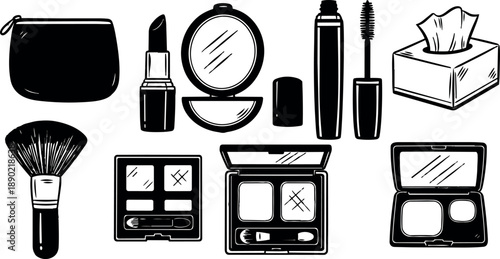 Black and white line art collection of makeup items including lipstick compact mascara brush and tissue box vector illustration