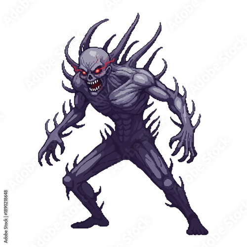 A terrifying pixel art illustration of a scary demon monster with glowing red eyes and spiky protrusions, ideal for fantasy gaming or horror themes