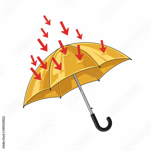 Yellow umbrella shielding against falling red arrows vector illustration
