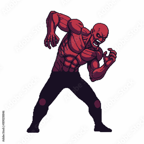 Aggressive red muscular character pixel art style illustration of a monster or warrior ready for battle