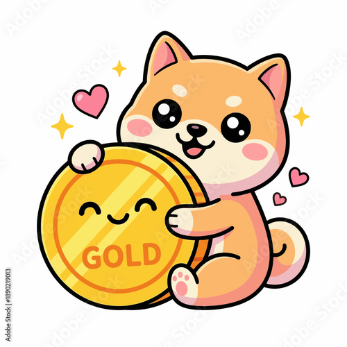 Cute Shiba Inu holding large gold coin vector illustration
