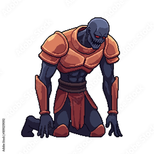 Pixel art character of a zombie warrior in armor, kneeling in a defeated or contemplative pose, with glowing red eyes and dark skin