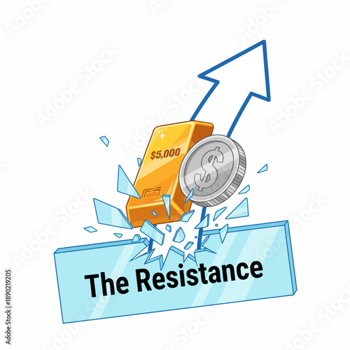 Gold bar and silver coin breaking through resistance glass vector illustration