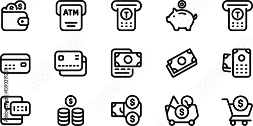 Minimal black finance and payment line icon set with money banking ecommerce symbols isolated on white background vector