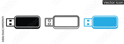 Professional vector icons of USB flash drives in modern black, white, and blue designs