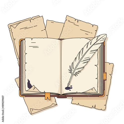 An open antique book with a quill pen and ink splatters, surrounded by aged papers.